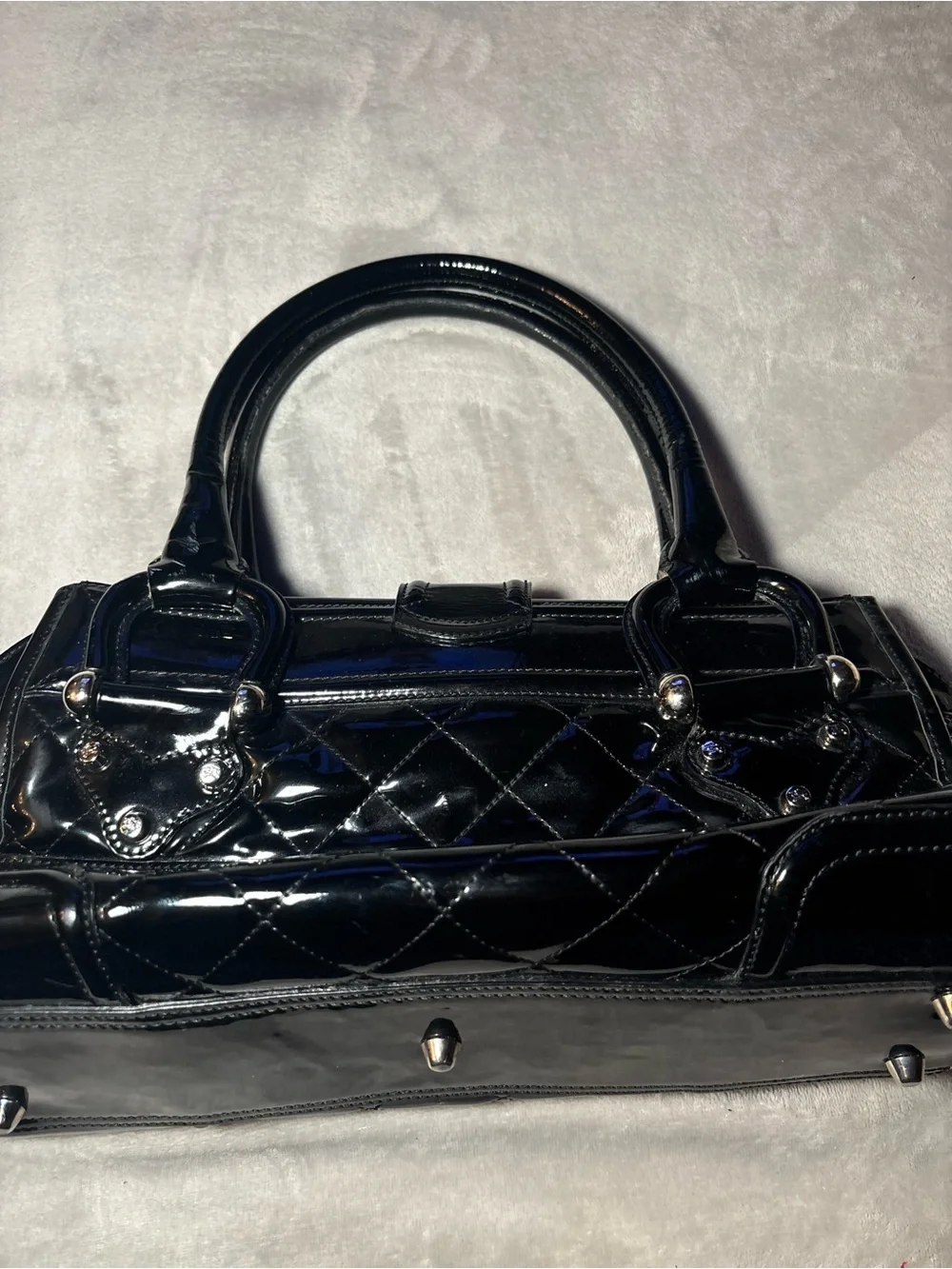 Burberry Black Patent Leather Quilted Satchel Lock Shoulder Bag
